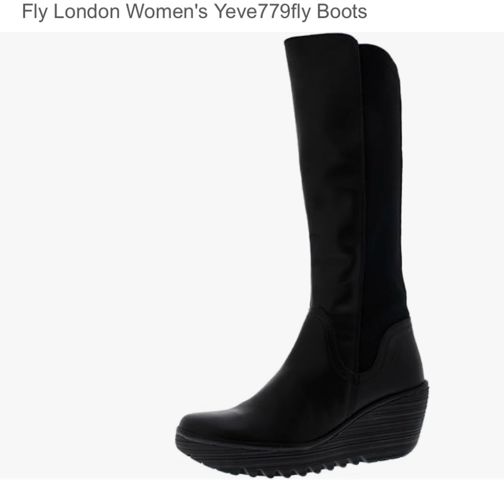 Black almost to knee very comfortable boots and high quality. Barely worn